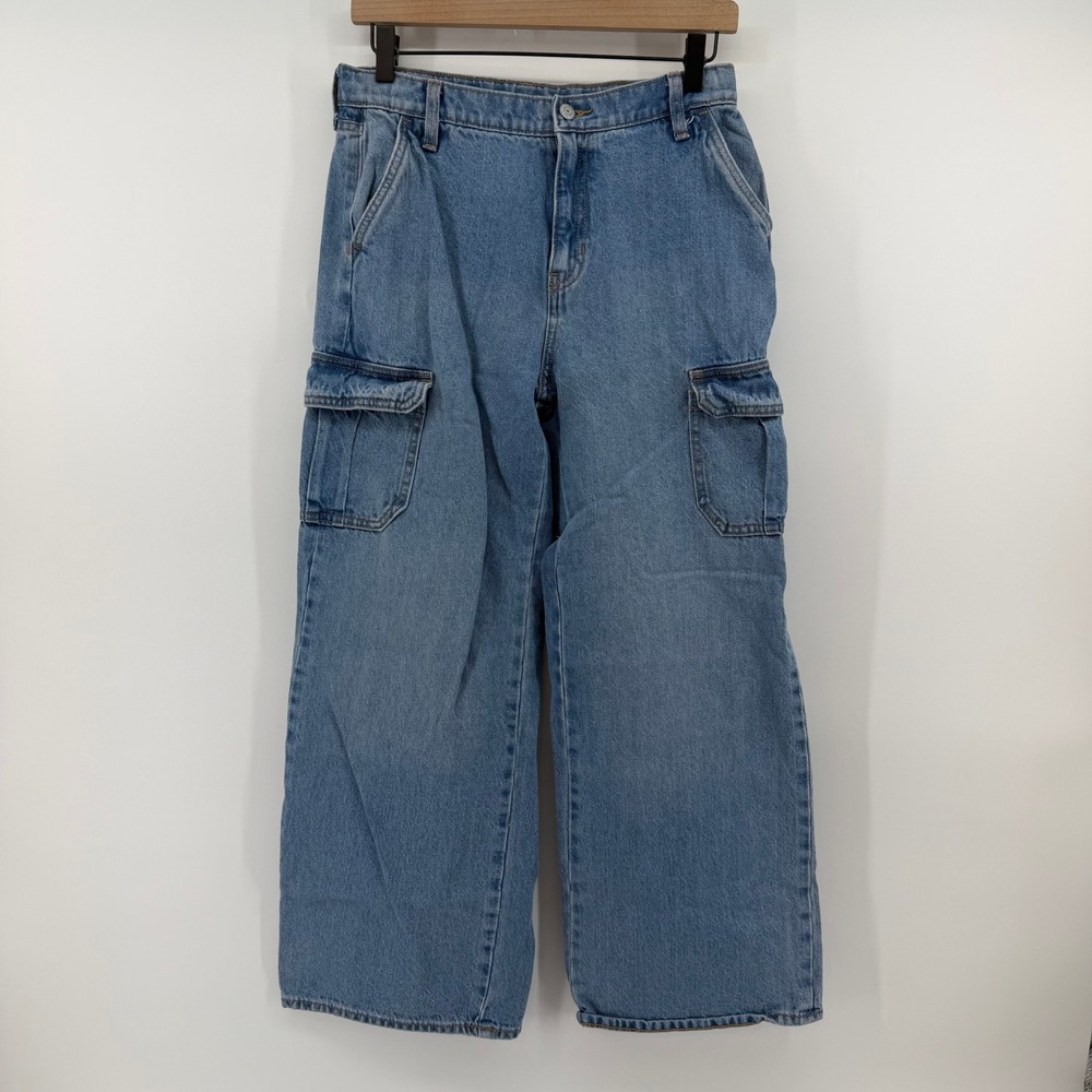 Old Navy Baggy Wide Leg Girls Size 18 Blue High Rise Cargo Jeans